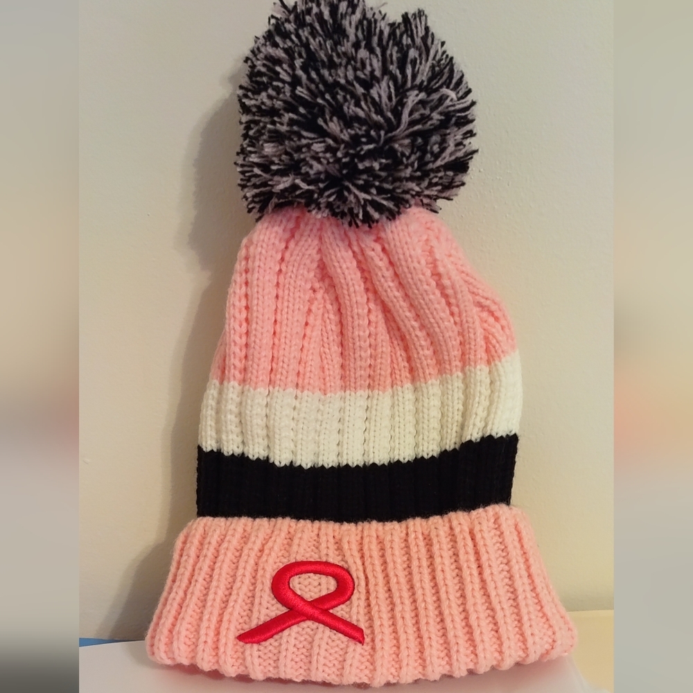 Knit Breast Cancer Awareness Winter Pompom Hat - Winter Beanie Hat